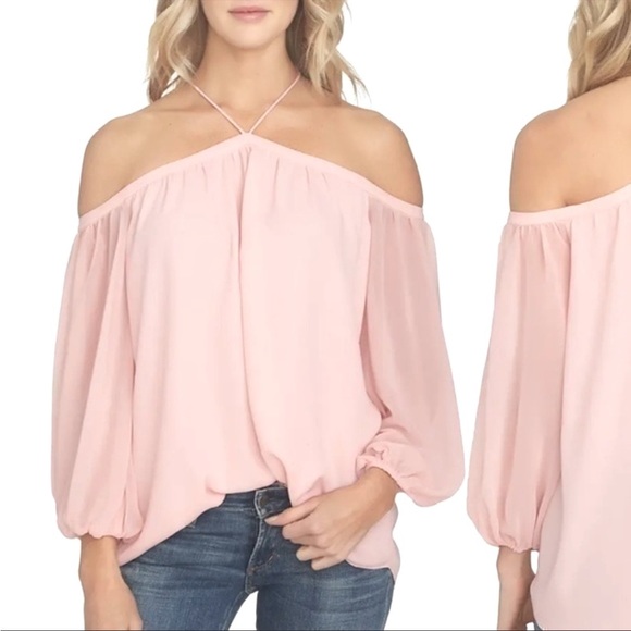 NWT 1. State Revolve Off the Shoulder Sheer Crepe Chiffon Top Pink Taffeta Small - Picture 8 of 16
